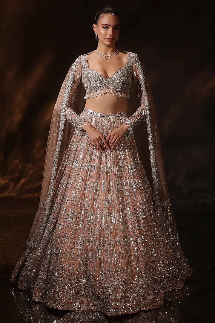 Nude Silk Embroidered Lehenga Set