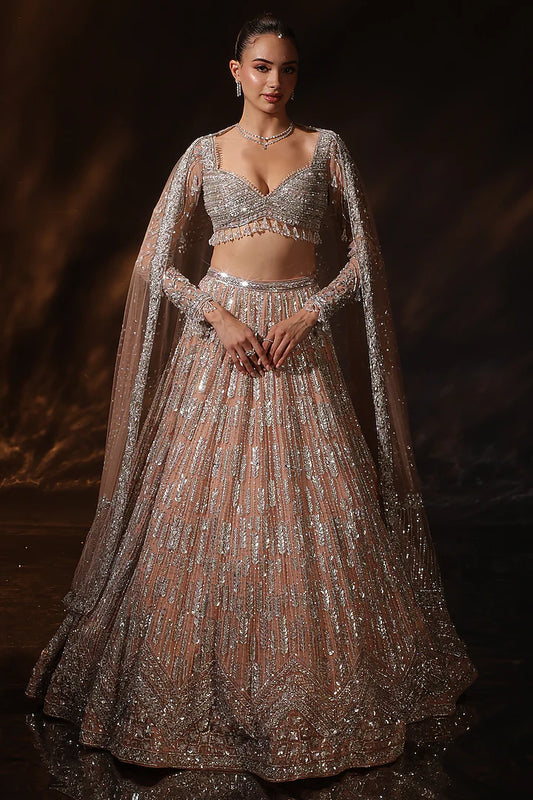 Nude Silk Embroidered Lehenga Set