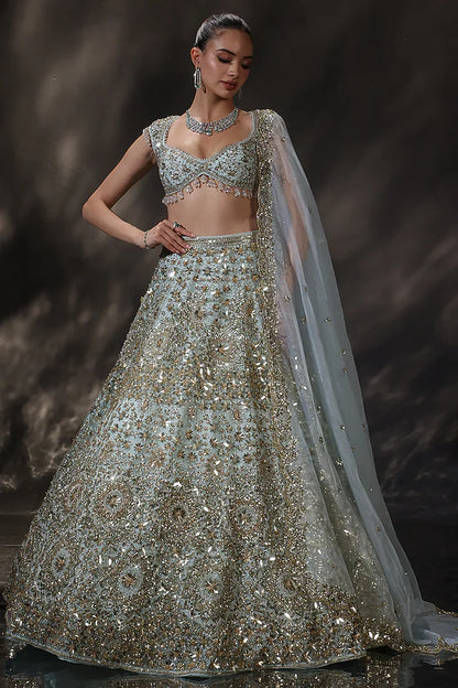 Blue Silk Embroidered Lehenga Set