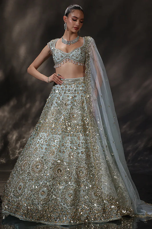 Blue Silk Embroidered Lehenga Set