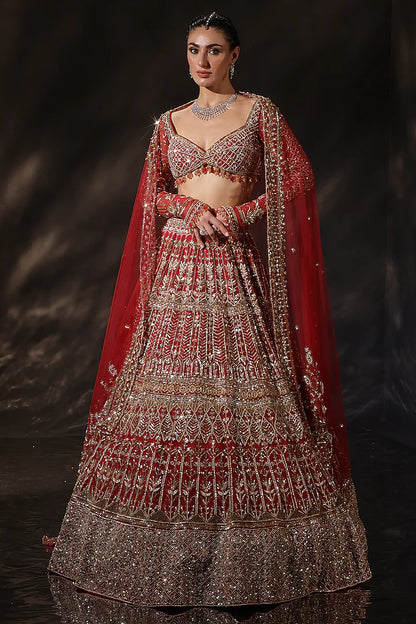 Red Silk Embroidered Lehenga Set