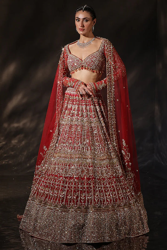 Red Silk Embroidered Lehenga Set
