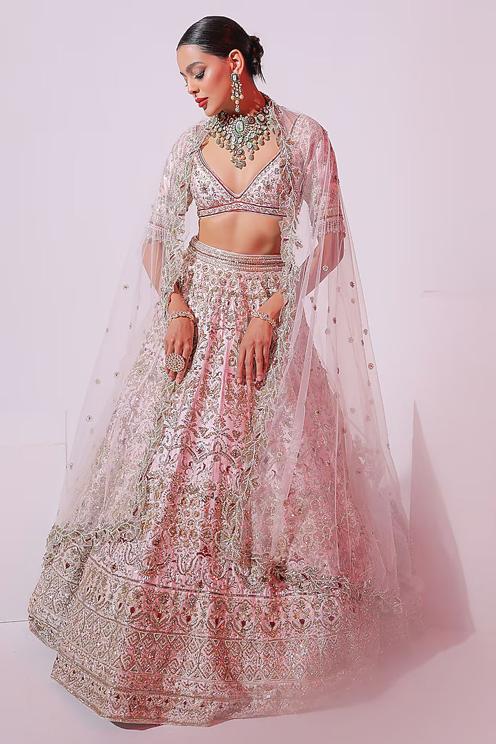 Powder Pink Raw Silk Aari & Zardosi Embellished Lehenga Set
