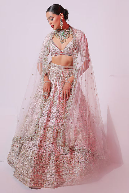 Powder Pink Raw Silk Aari & Zardosi Embellished Lehenga Set