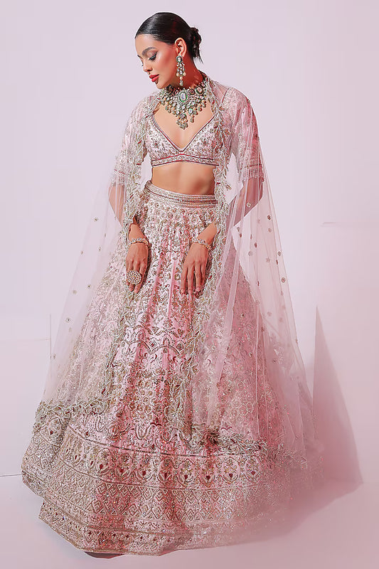 Powder Pink Raw Silk Aari & Zardosi Embellished Lehenga Set