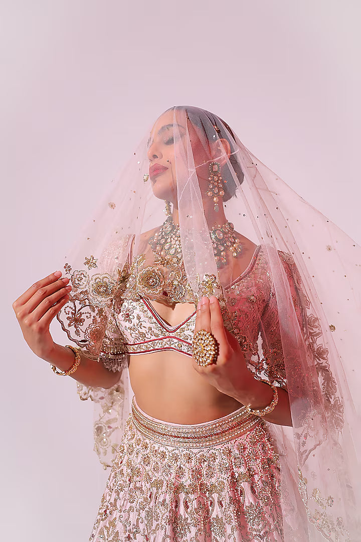 Powder Pink Raw Silk Aari & Zardosi Embellished Lehenga Set
