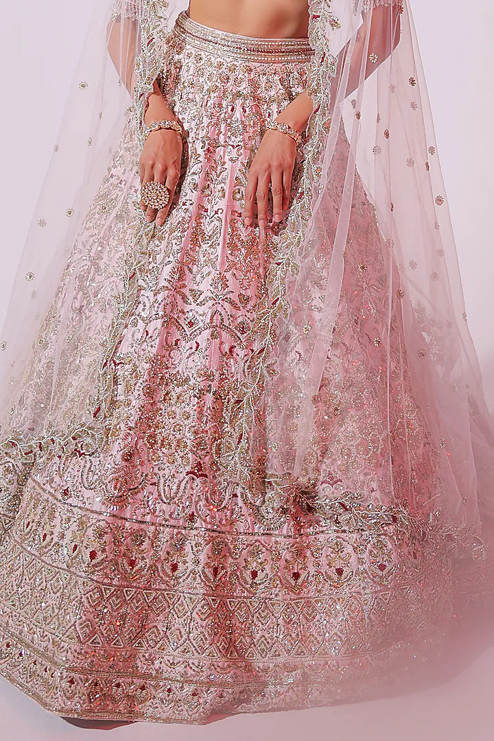 Powder Pink Raw Silk Aari & Zardosi Embellished Lehenga Set
