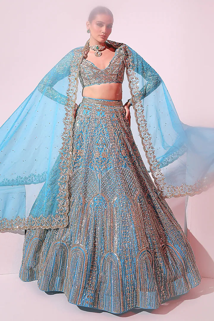 Turquoise Net Sequins & Pearl Embroidered Lehenga Set