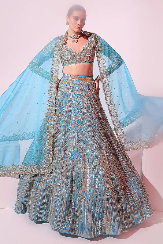 Turquoise Net Sequins & Pearl Embroidered Lehenga Set