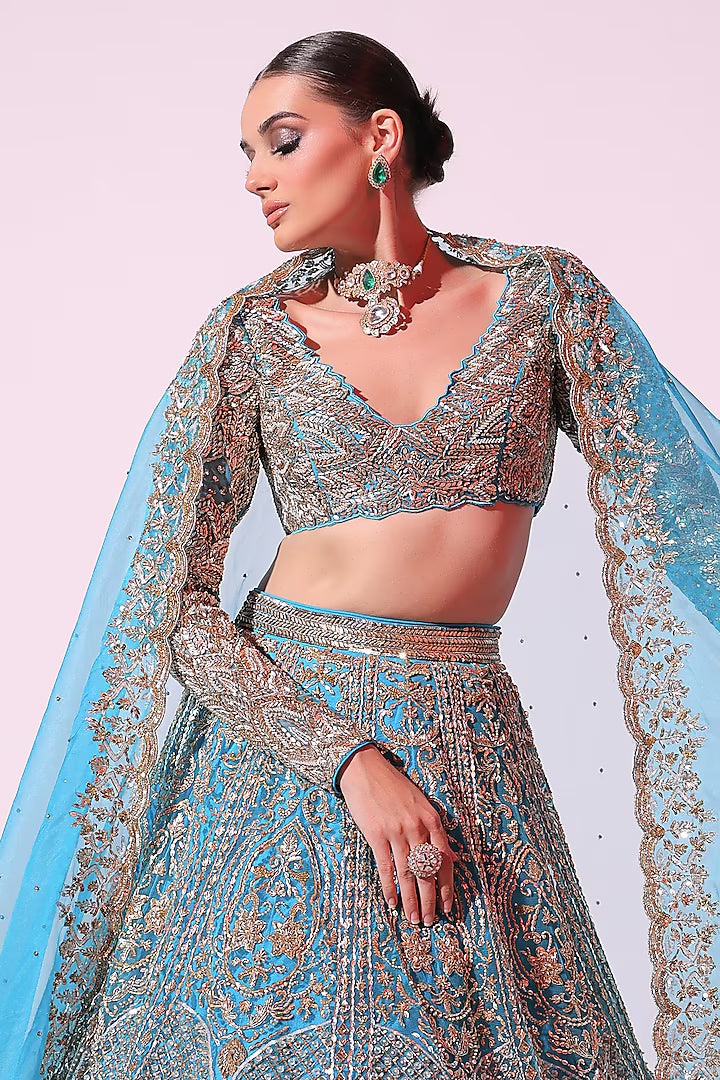 Turquoise Net Sequins & Pearl Embroidered Lehenga Set