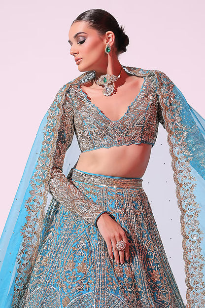 Turquoise Net Sequins & Pearl Embroidered Lehenga Set