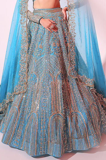 Turquoise Net Sequins & Pearl Embroidered Lehenga Set