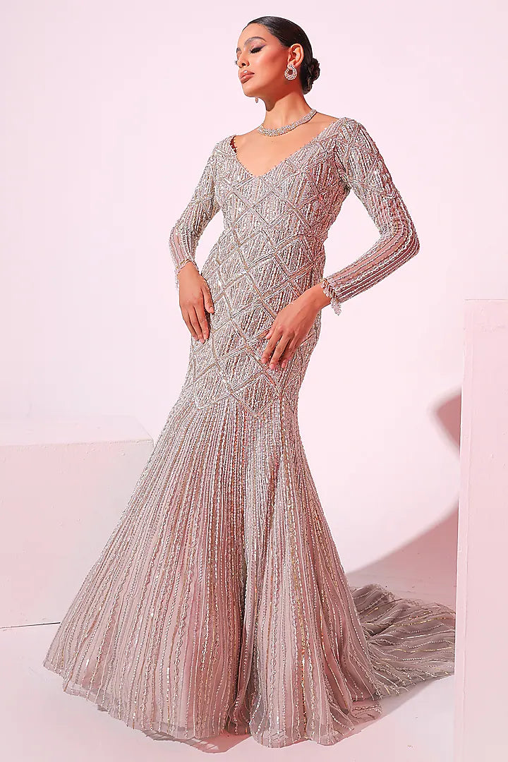 Grey Net Sequins & Pearl Embroidered Gown