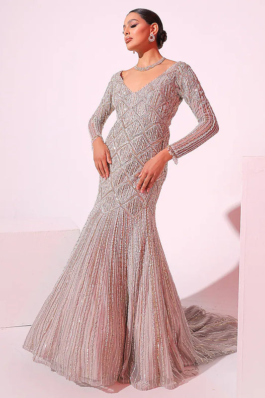 Grey Net Sequins & Pearl Embroidered Gown