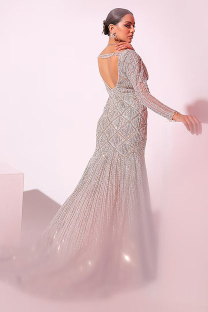 Grey Net Sequins & Pearl Embroidered Gown