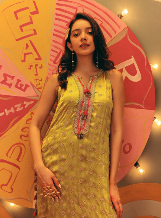 Lavya Cupro Satin Printed Lime Kurta Set
