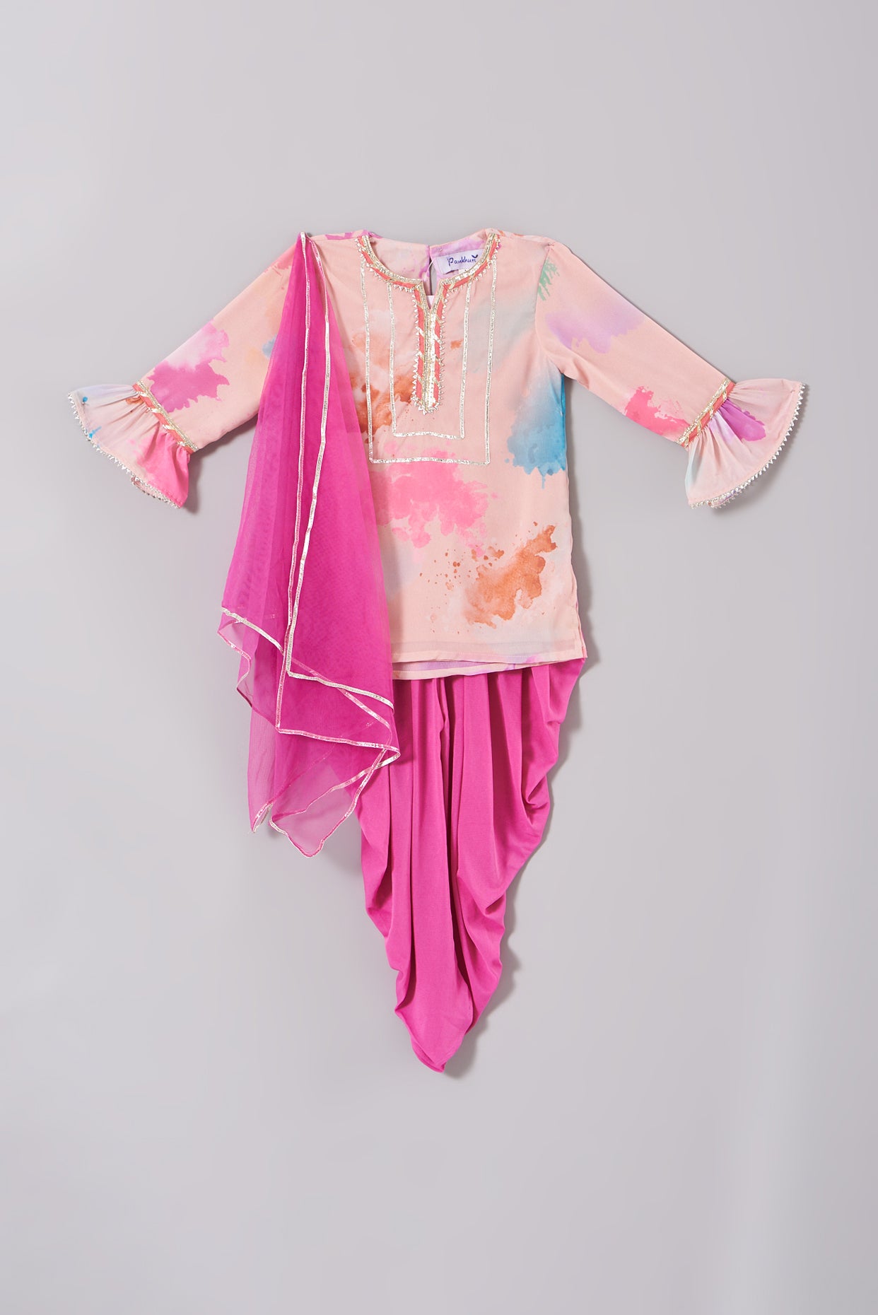 Rani Pink Georgette Printed Kurta with Dhoti Set for Girls by Pankhuri by Priyanka - Kids at Pernia's Pop Up Shop
