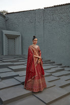 Red Raw Silk Barn Dabka Embroidered Lehenga Set with Gold Zardozi & Aari Embroidery