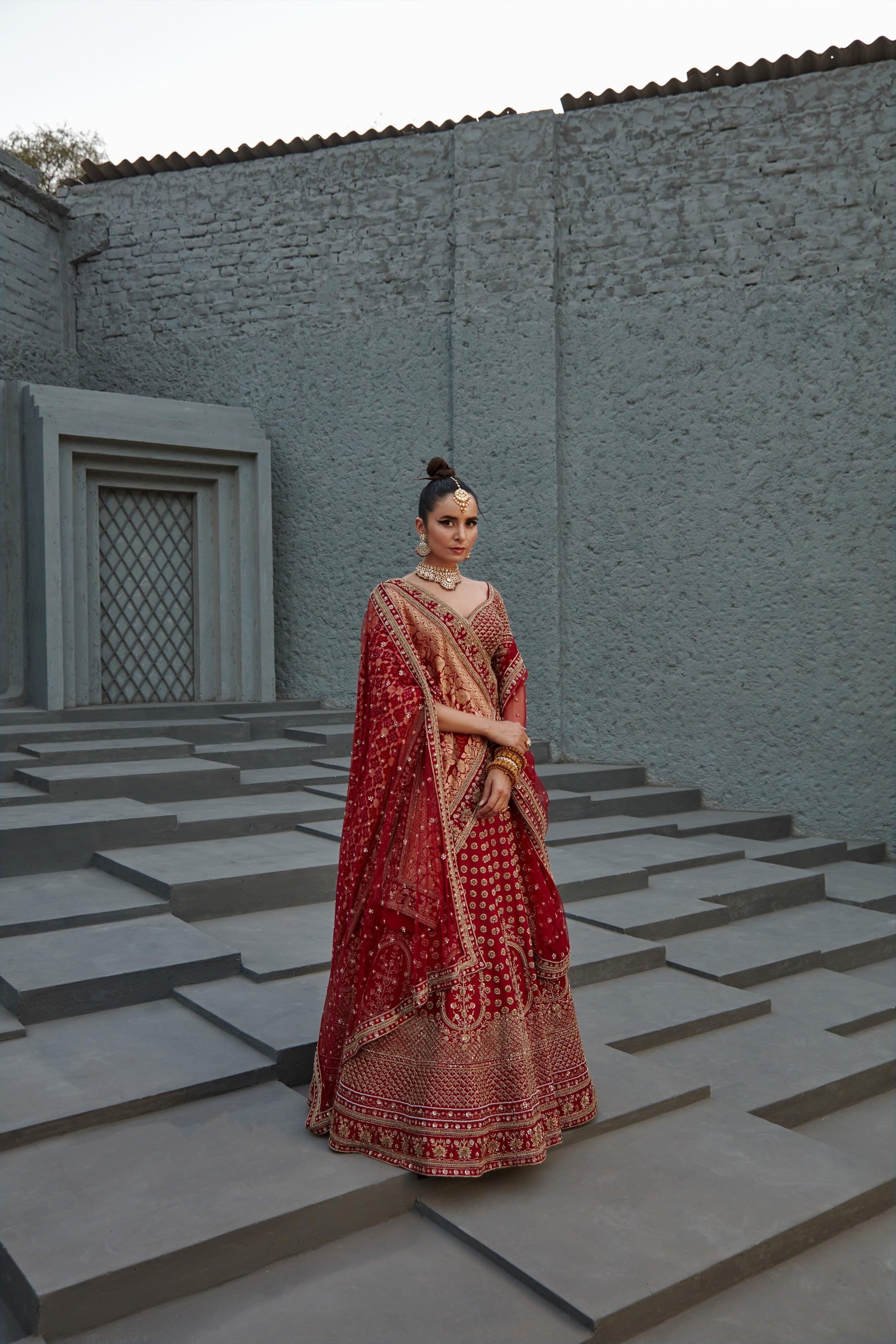 Red Raw Silk Barn Dabka Embroidered Lehenga Set with Gold Zardozi & Aari Embroidery