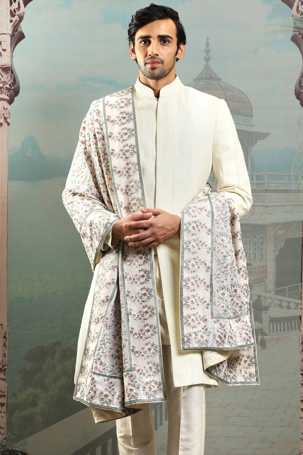 Tehzeeb Ivory Silk Embroidered Stole