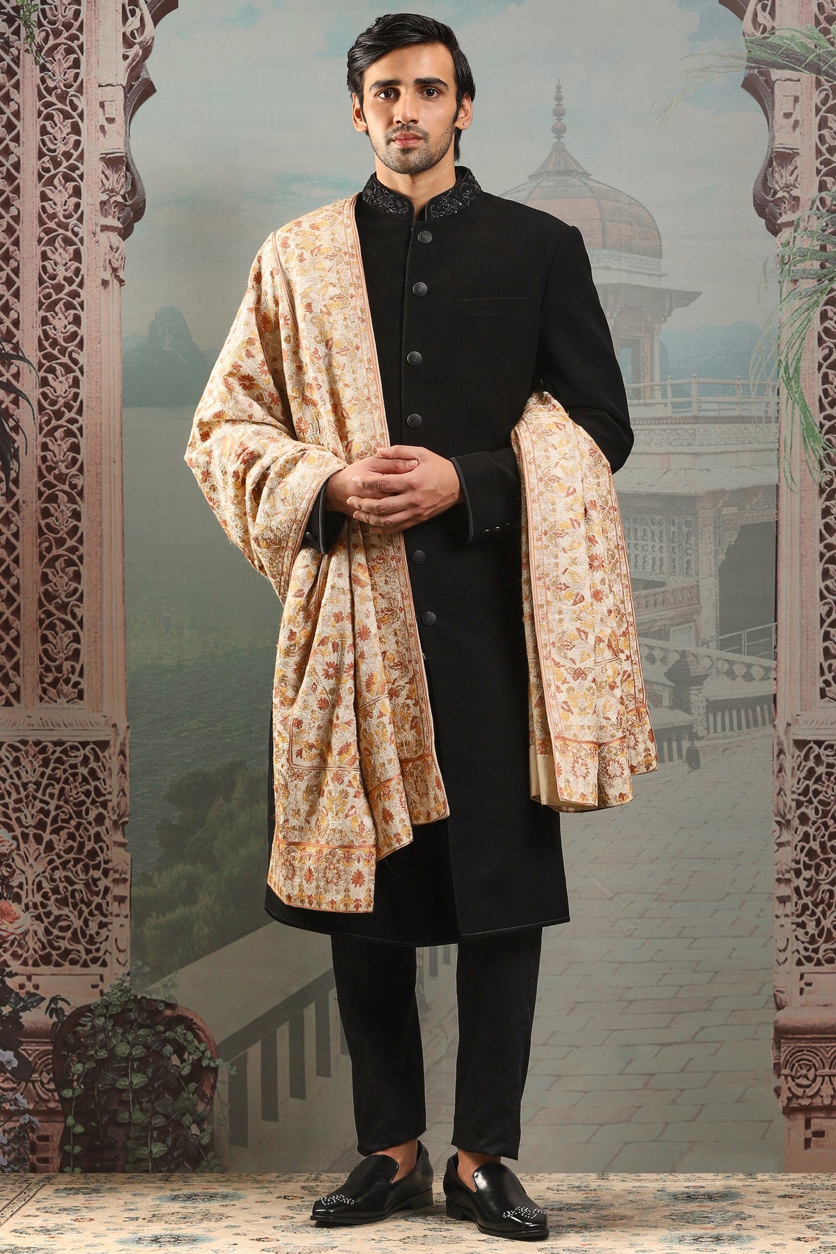 Champagne Gold Silk Ornate Embroidered Stole