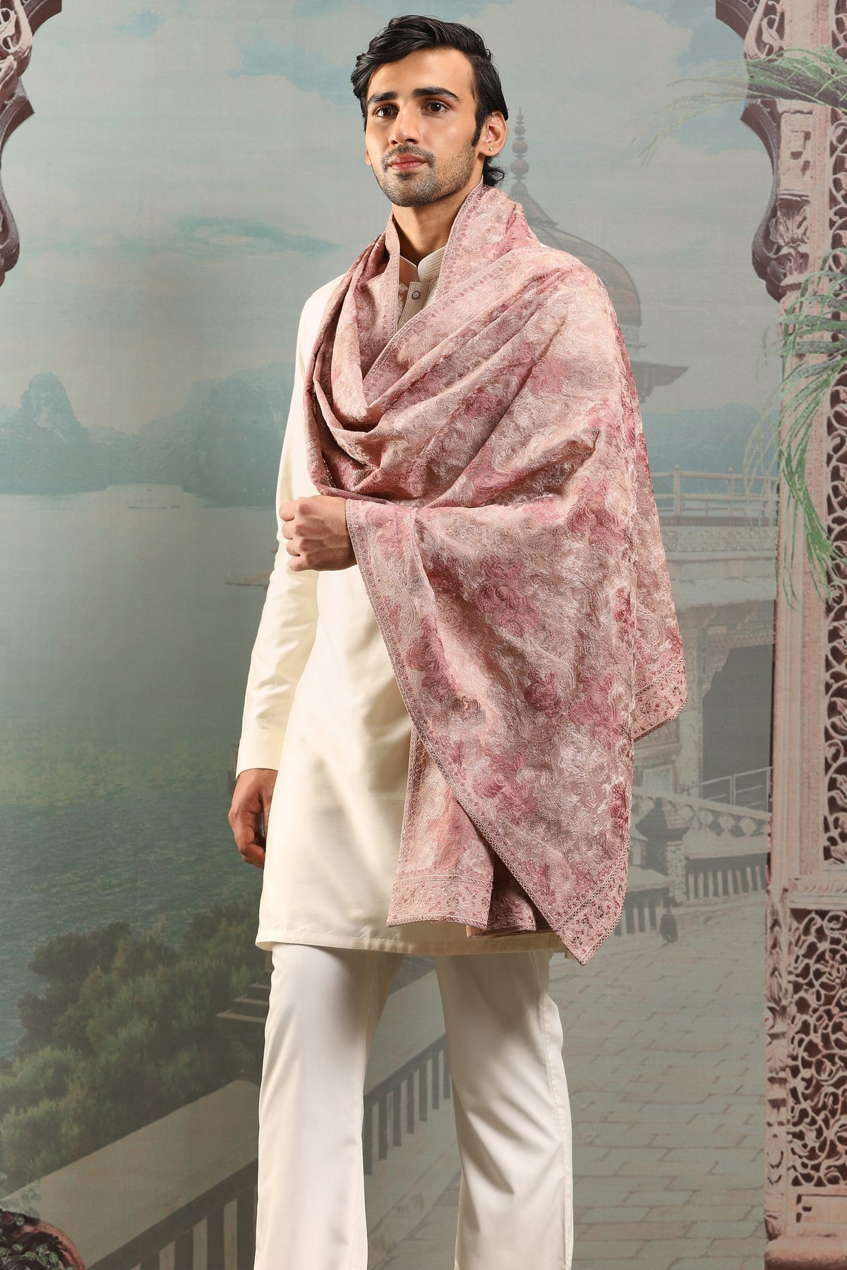 Blush Pink Silk Embroidered Stole