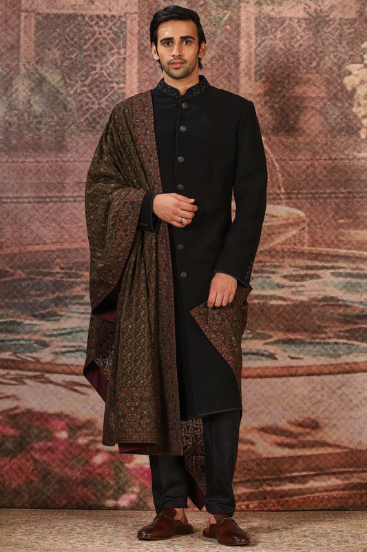 Sophisticated Black Silk Embroidered Stole