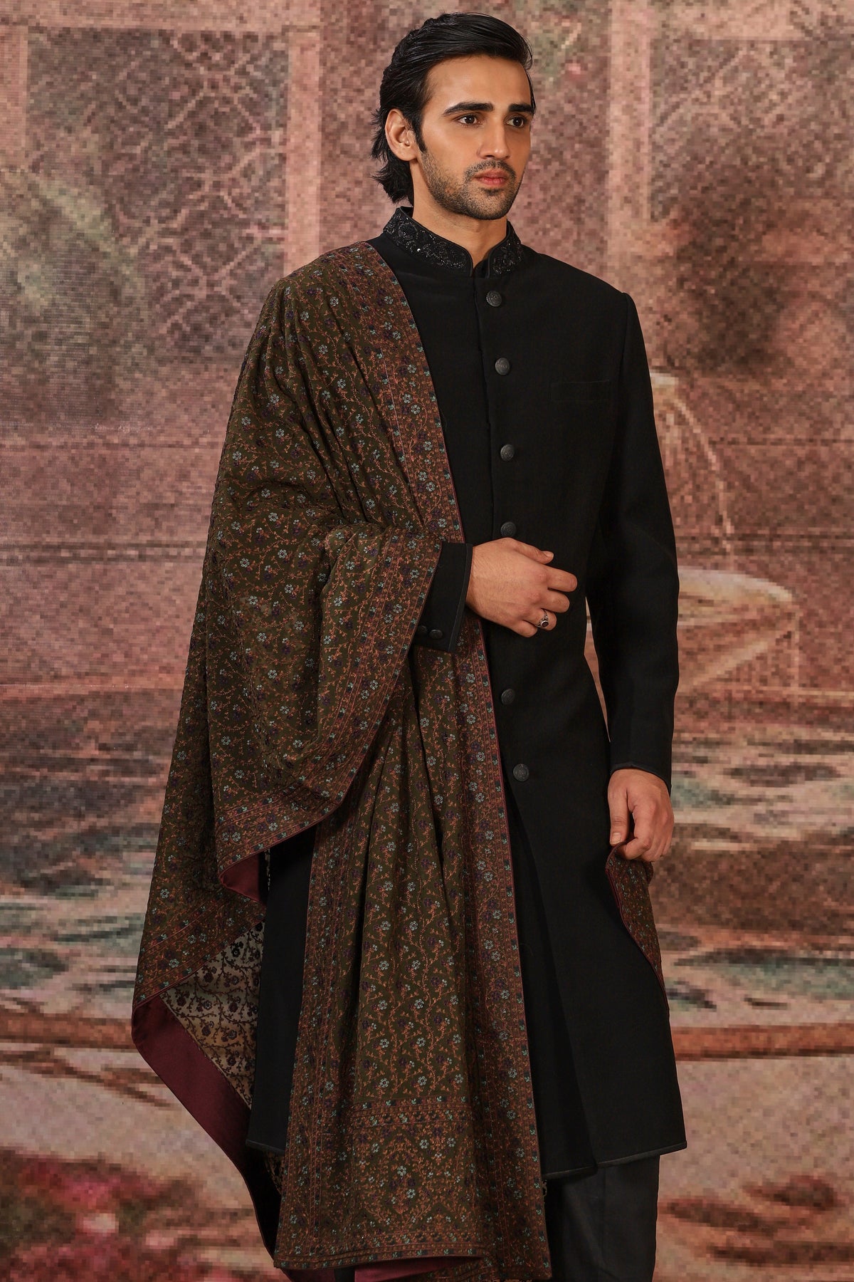 Sophisticated Black Silk Embroidered Stole