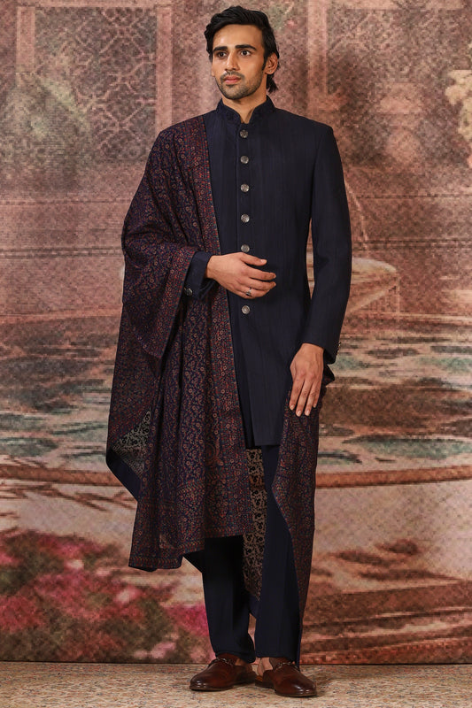 Ornate Deep Indigo Silk Embroidered Stole