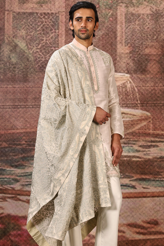 Premium Ivory Silk Embroidered Stole
