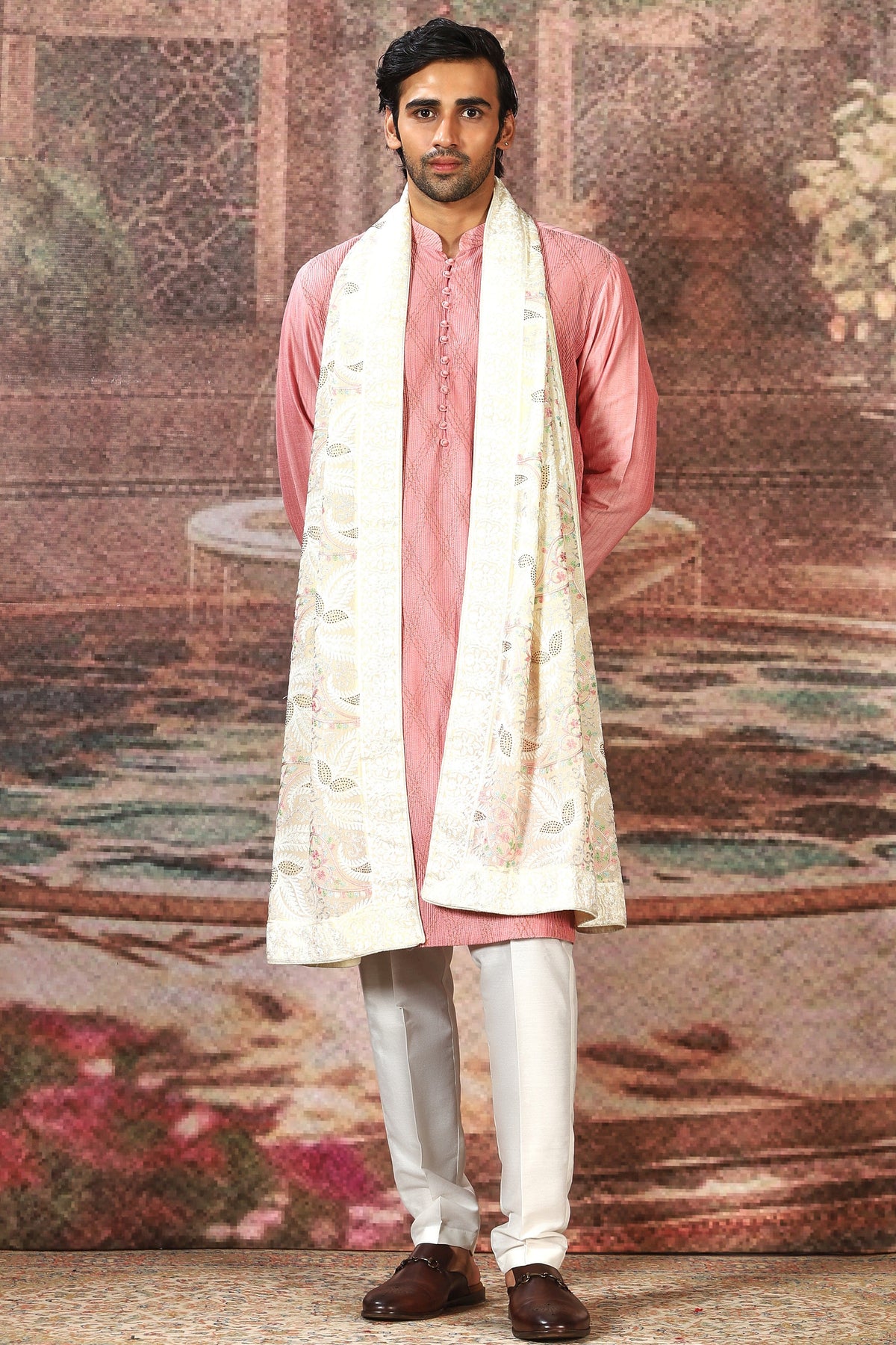 Off-White Silk Floral Embroidered Stole