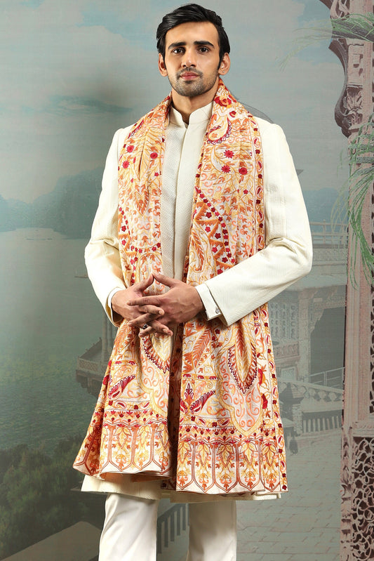 Mughal Beige Silk Embroidered Stole