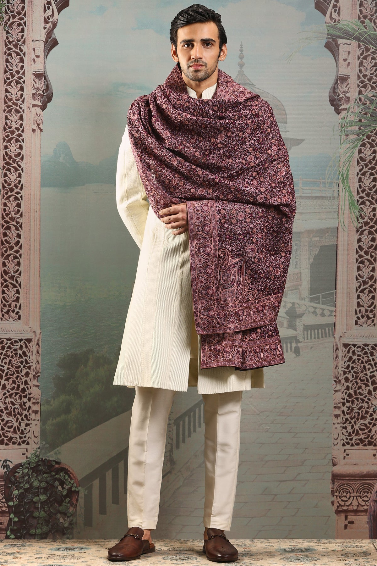Plum Floral Silk Embroidered Stole