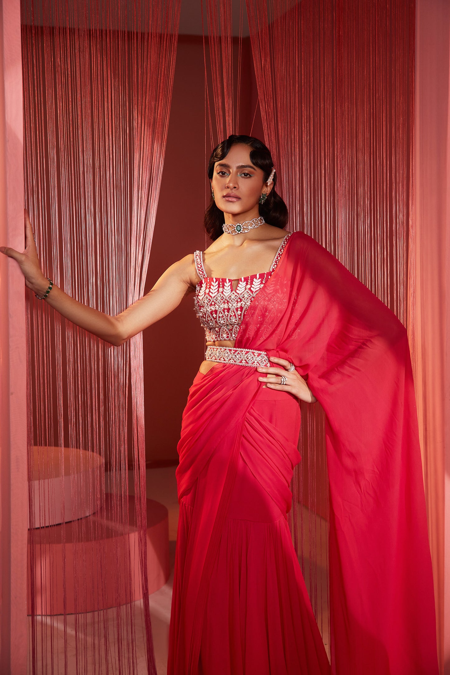 Coral Red Pre-Stitched Saree Blouse and Belt
