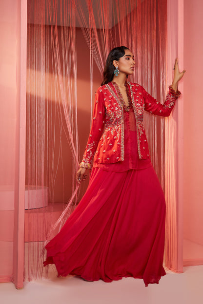 Coral Red Peplum Jacket with Pallazo Set