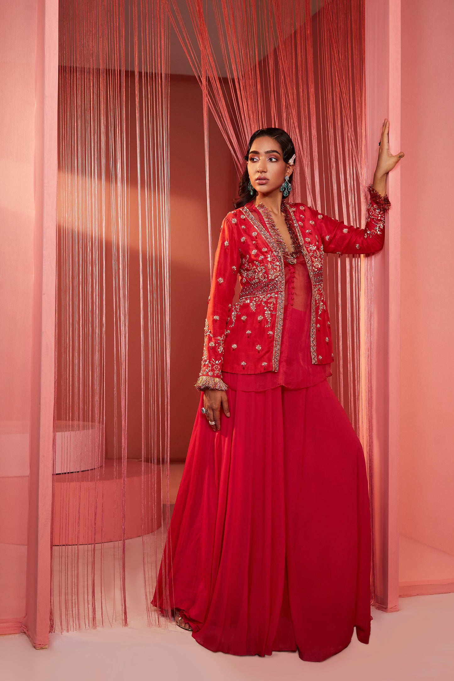 Coral Red Peplum Jacket with Pallazo Set