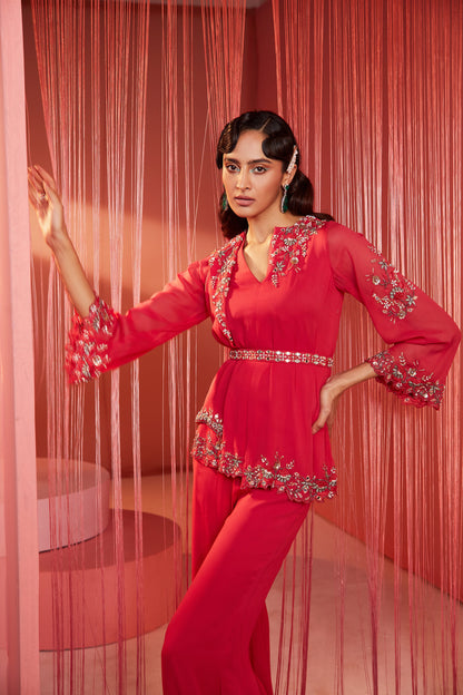 Coral Red Double Flap Kurta and Pants Set