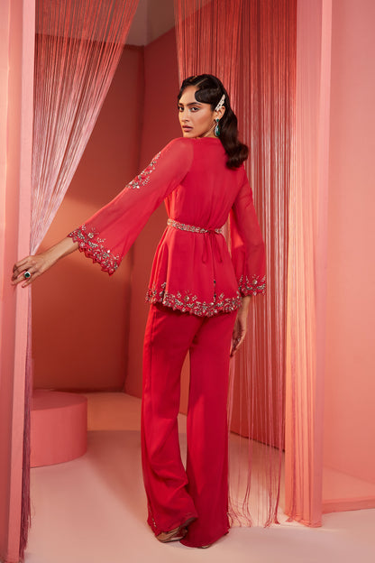 Coral Red Double Flap Kurta and Pants Set