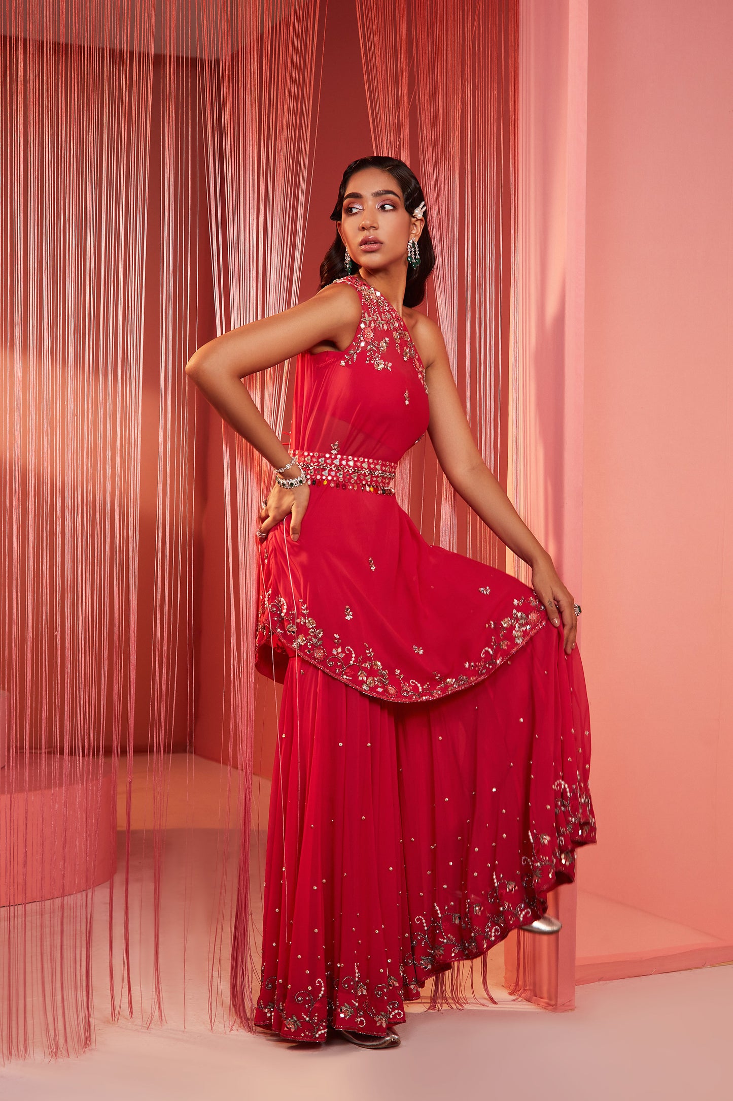 Coral Red One Shoulder Sharara Set