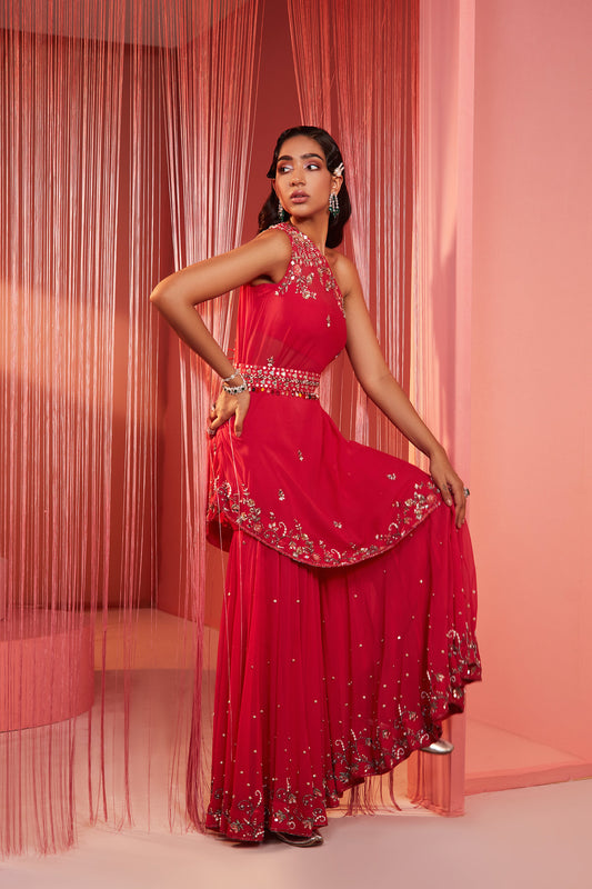 Coral Red One Shoulder Sharara Set