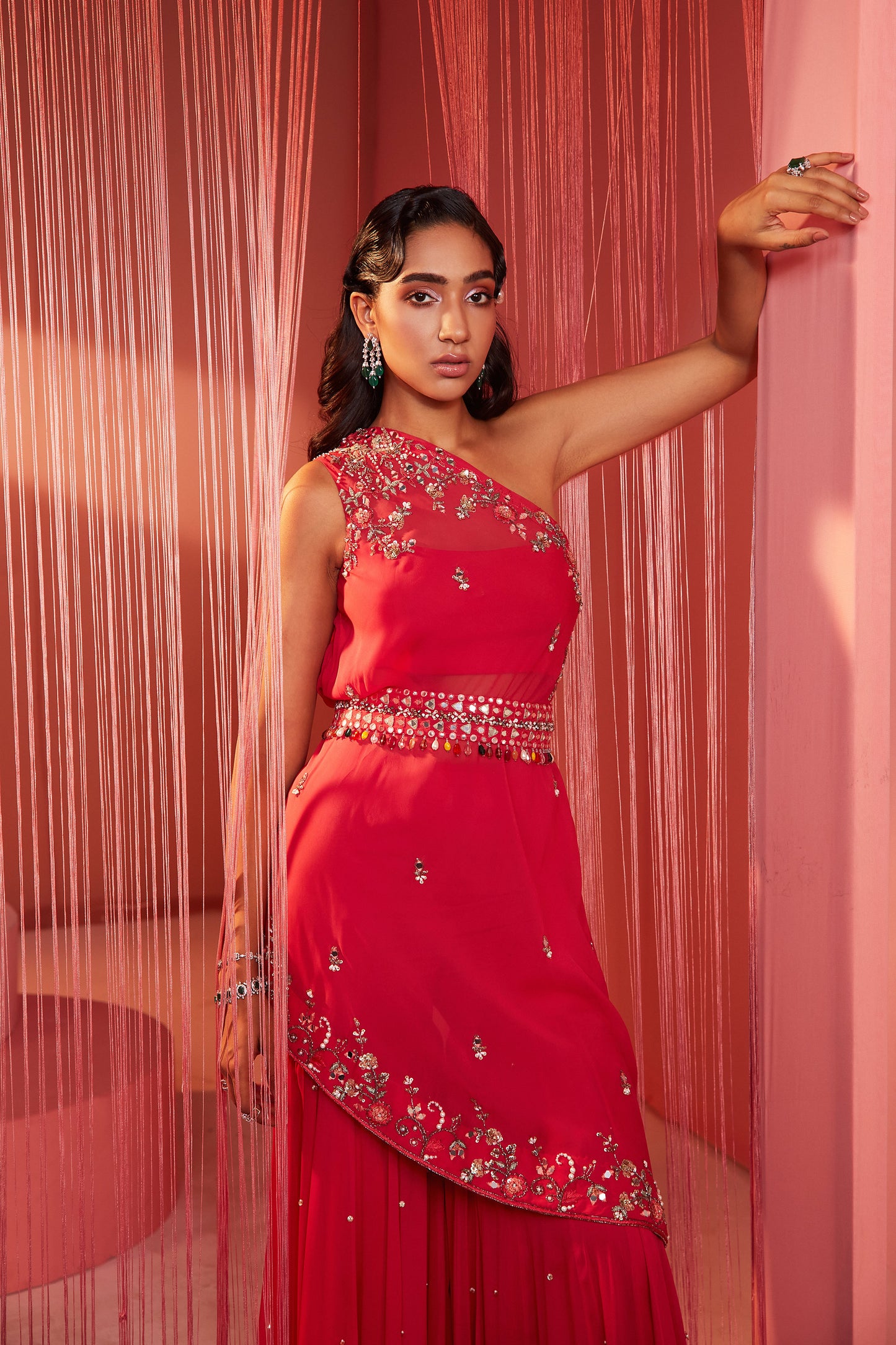 Coral Red One Shoulder Sharara Set
