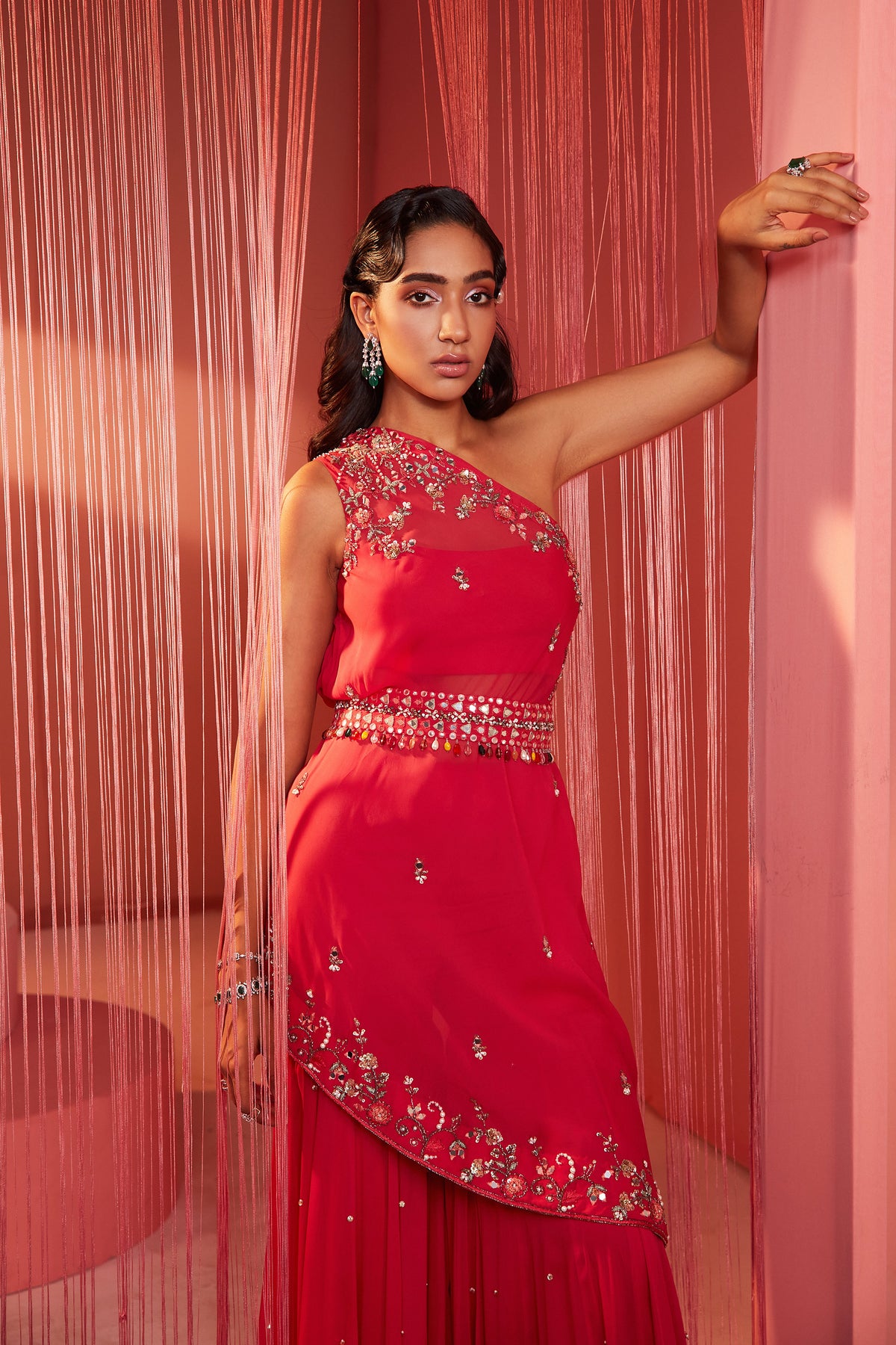 Coral Red One Shoulder Sharara Set