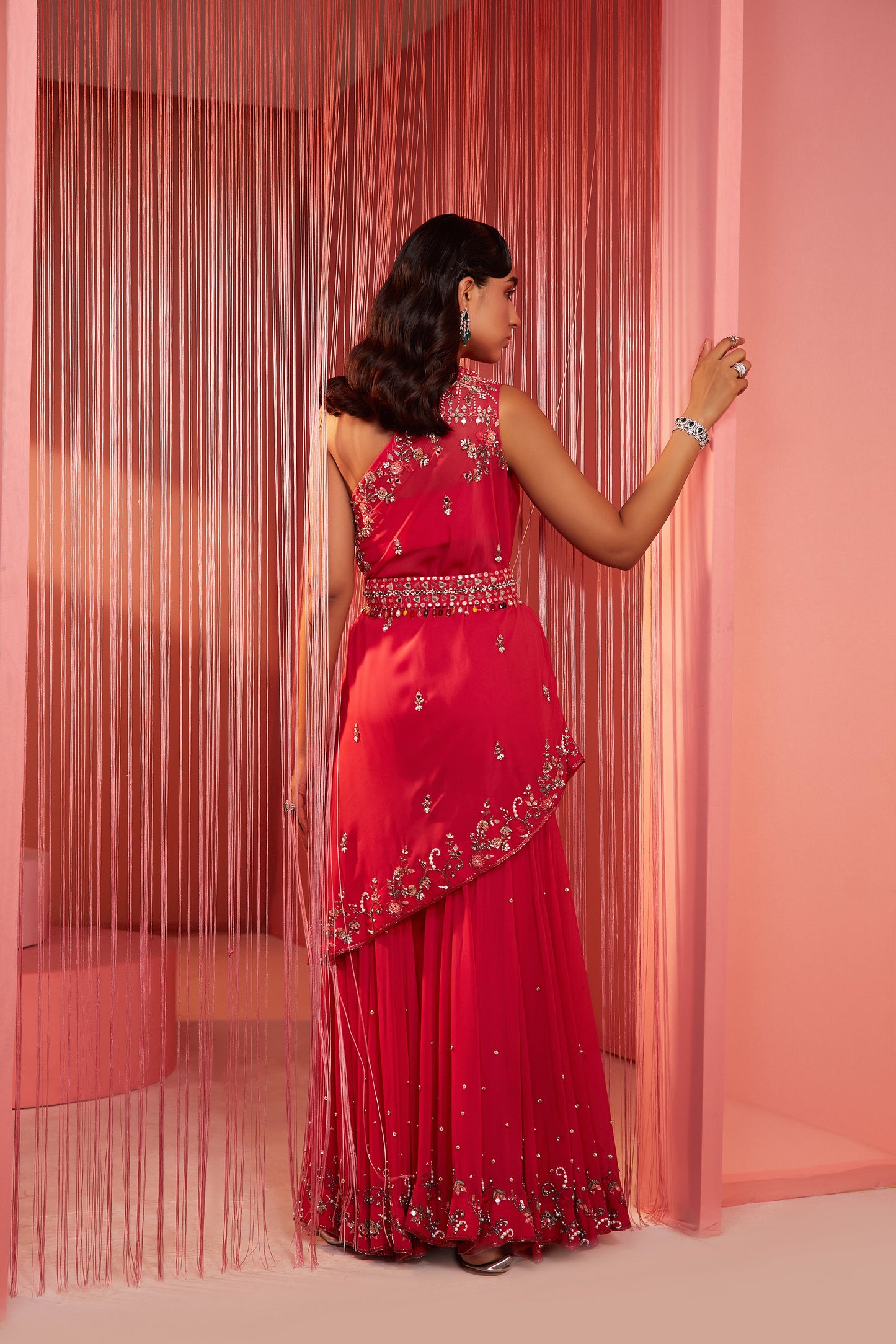 Coral Red One Shoulder Sharara Set