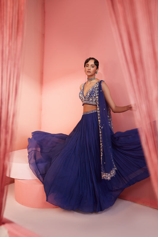 Ink Blue Blouse Skirt And Dupatta Set