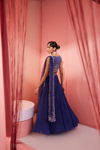 Ink Blue Blouse Skirt And Dupatta Set