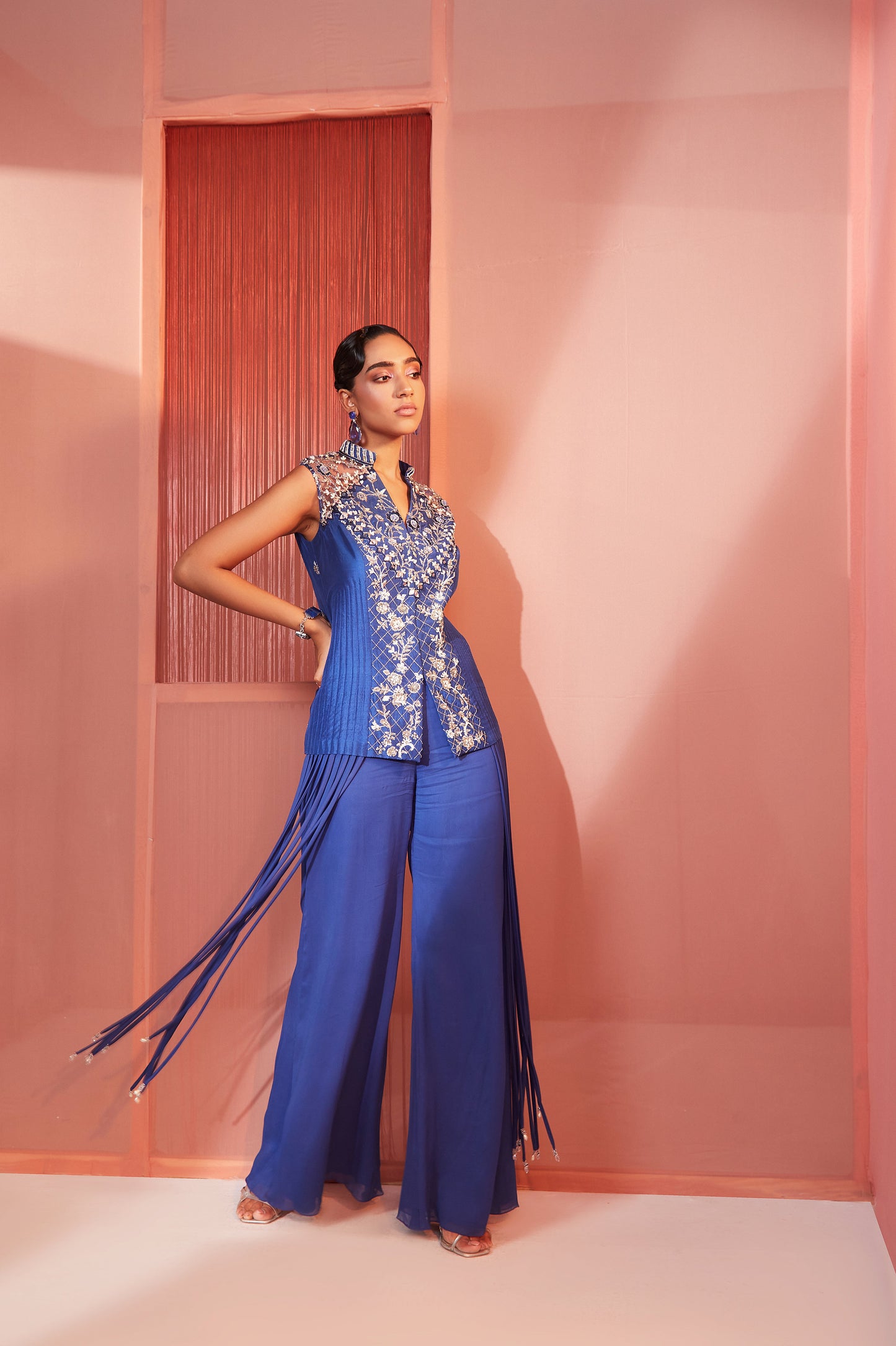 Ink Blue Tasselled Jacket and Pants Set