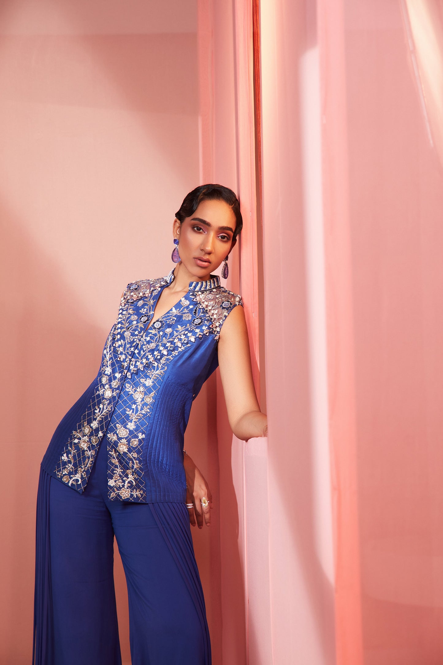 Ink Blue Tasselled Jacket and Pants Set