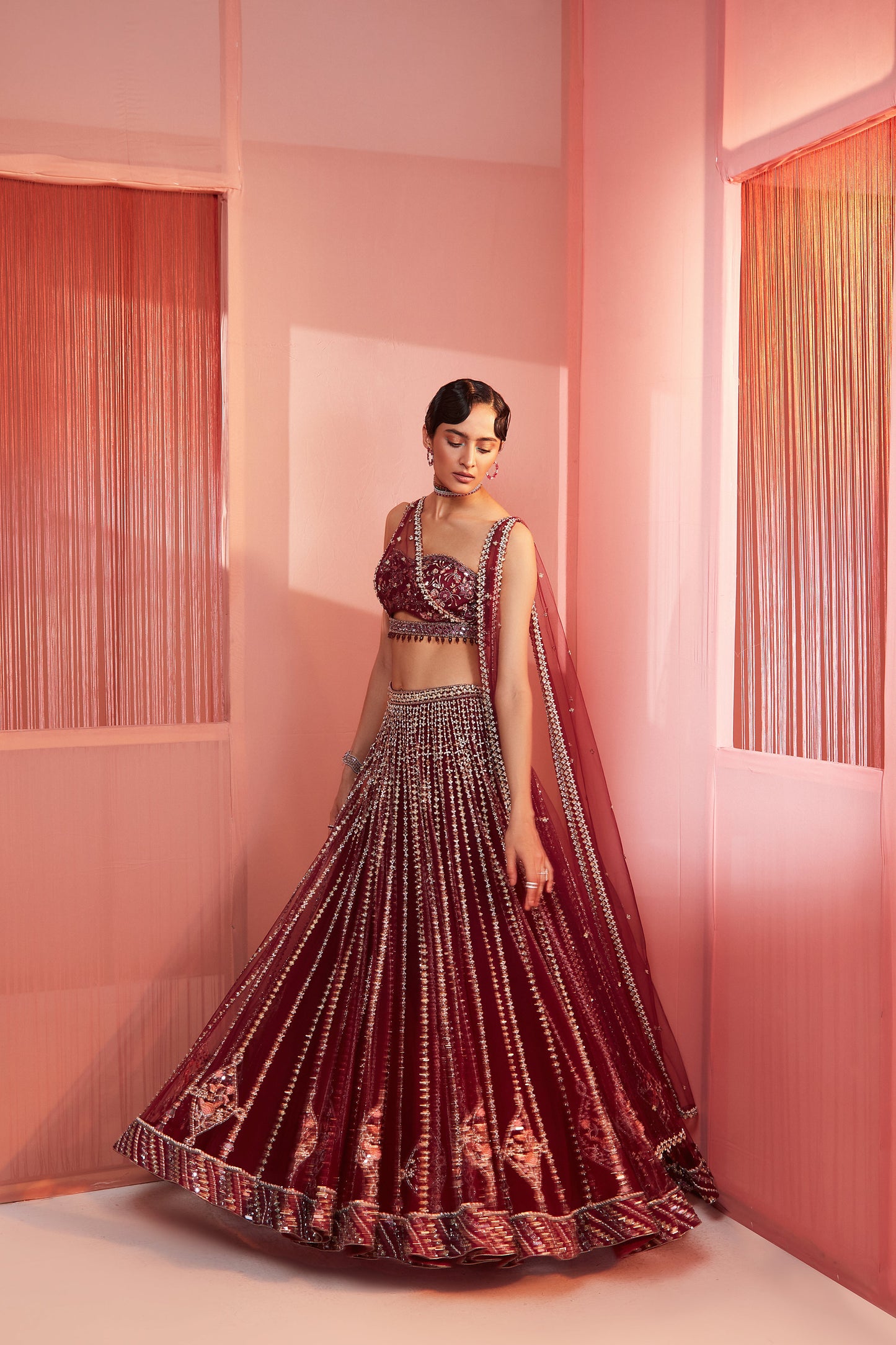 Plum Embroidered Lehenga and Blouse with Double Dupatta Set