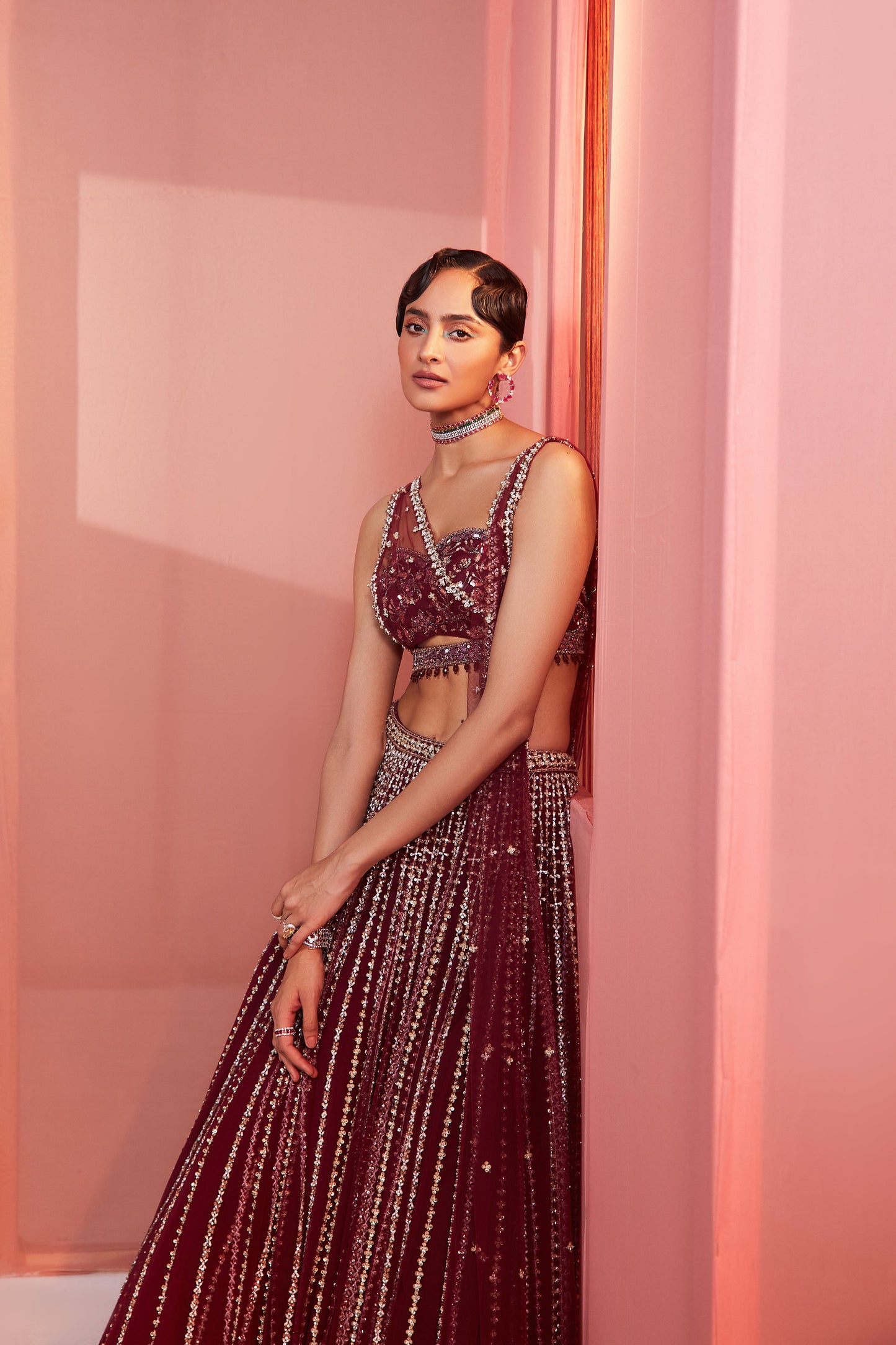 Plum Embroidered Lehenga and Blouse with Double Dupatta Set