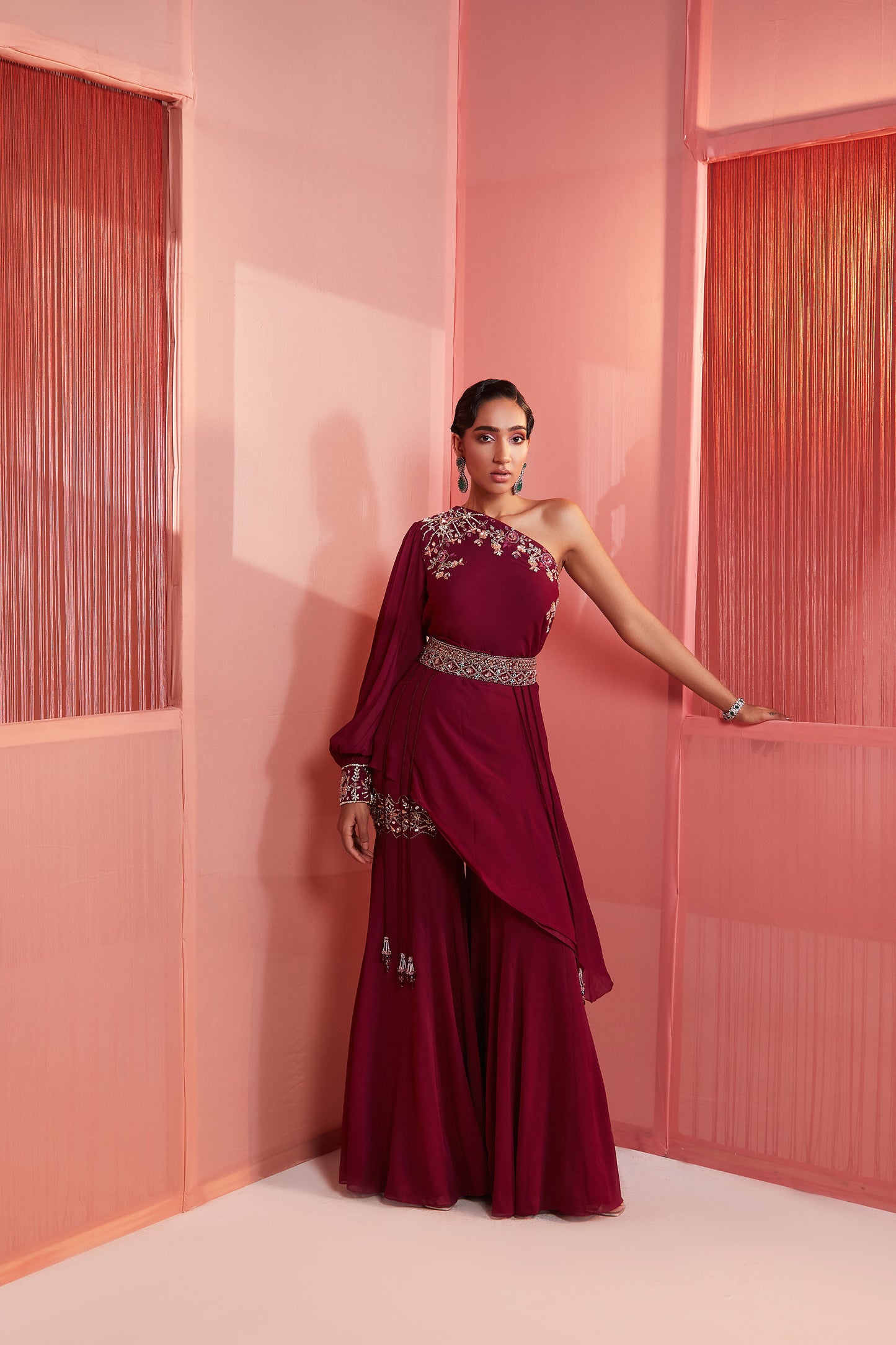 Plum One Shoulder Cape and Sharara Set